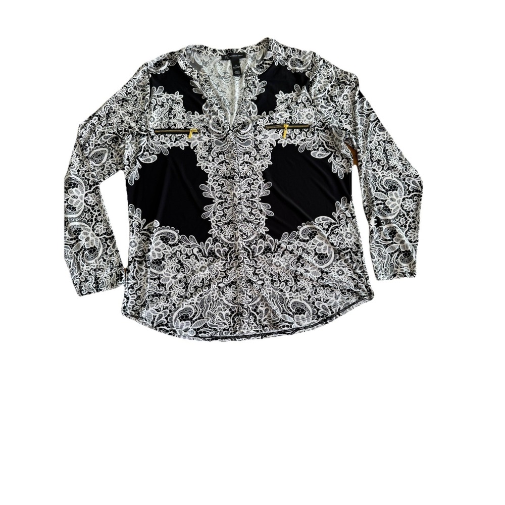 I.N.C. Womenβs Blouse XL Black White Geo Floral V-Neck Gold Zippers Stretch